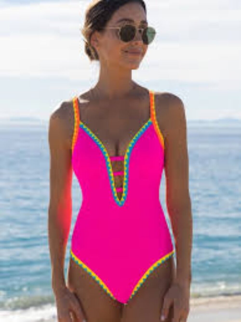 Popvil Shell Trim Front Strappy Back Tie Hotpink one-piece Swimsuit, Size Large